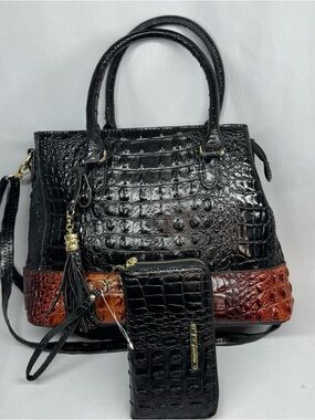 Black & Brown Croc-Embossed Satchel Bag with Matching Wallet